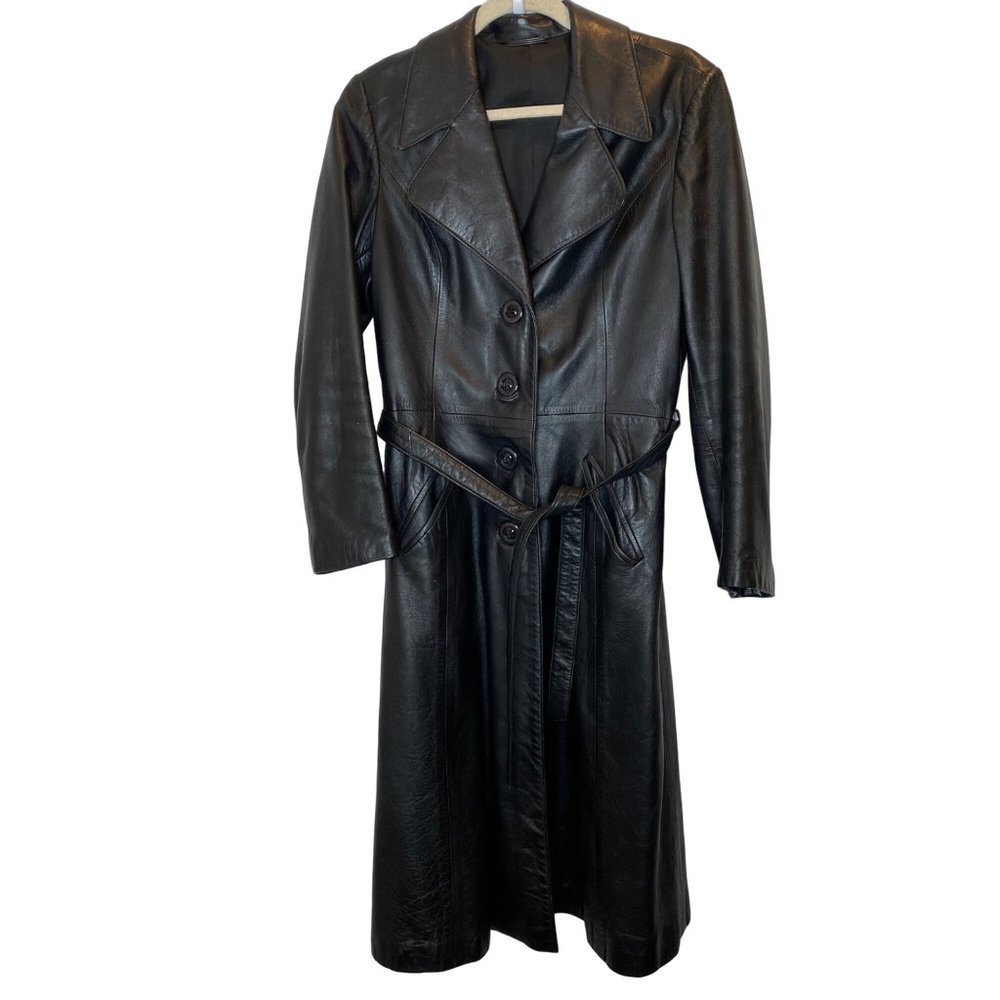 Vintage Black Leather Trench Coat Large The Matrix Neo Pockets Belted Button Up